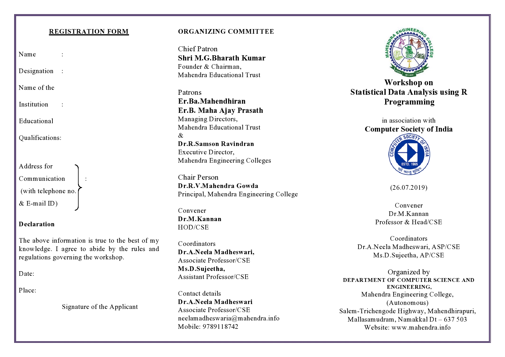 Workshop on Statistical Data Analysis using R Programming 2019